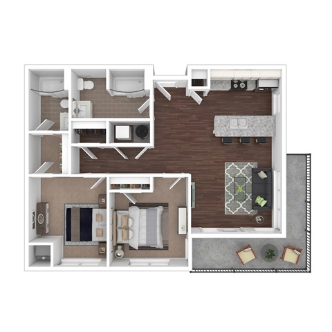 A top-down view of a small apartment layout with a kitchen, living room, and bathroom. at The Lumos Apartments, Cleveland